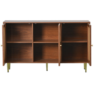 Buffet Élégant Noyer avec 3 Portes en Rotin Tressé et Pieds Métalliques OMOILL