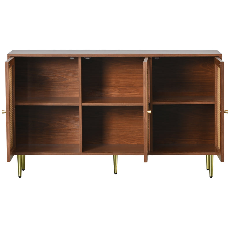 Buffet Élégant Noyer avec 3 Portes en Rotin Tressé et Pieds Métalliques OMOILL