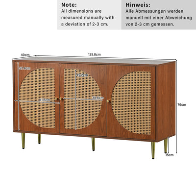 Buffet Élégant Noyer avec 3 Portes en Rotin Tressé et Pieds Métalliques OMOILL