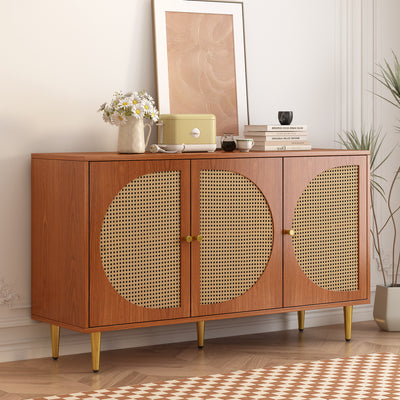 Buffet Élégant Noyer avec 3 Portes en Rotin Tressé et Pieds Métalliques OMOILL