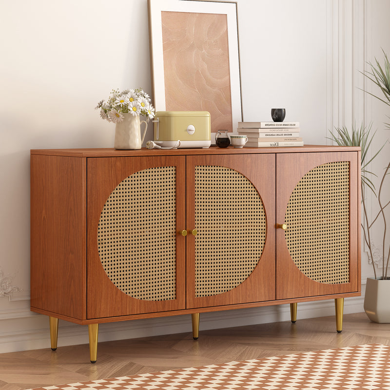 Buffet Élégant Noyer avec 3 Portes en Rotin Tressé et Pieds Métalliques OMOILL