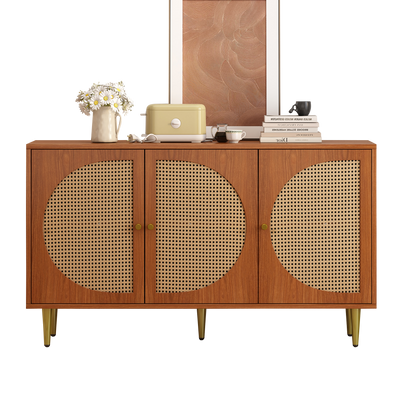 Buffet Élégant Noyer avec 3 Portes en Rotin Tressé et Pieds Métalliques OMOILL