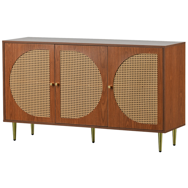Buffet Élégant Noyer avec 3 Portes en Rotin Tressé et Pieds Métalliques OMOILL