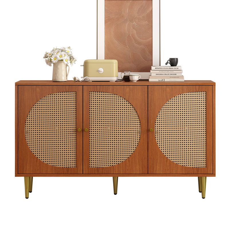 Buffet Élégant Noyer avec 3 Portes en Rotin Tressé et Pieds Métalliques OMOILL