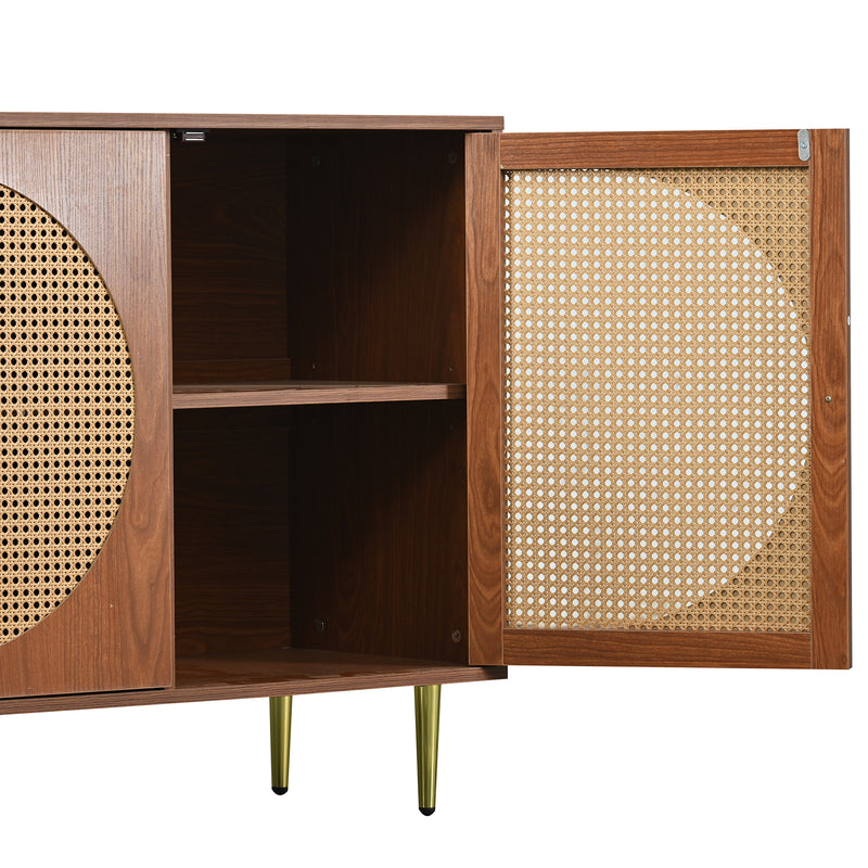 Buffet Élégant Noyer avec 3 Portes en Rotin Tressé et Pieds Métalliques OMOILL