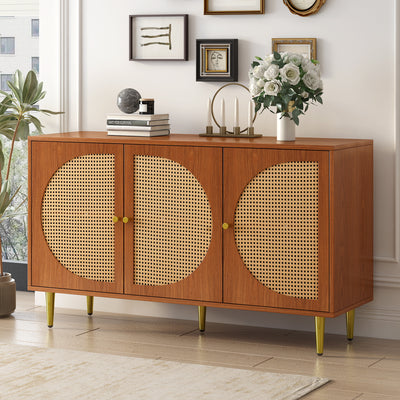 Buffet Élégant Noyer avec 3 Portes en Rotin Tressé et Pieds Métalliques OMOILL
