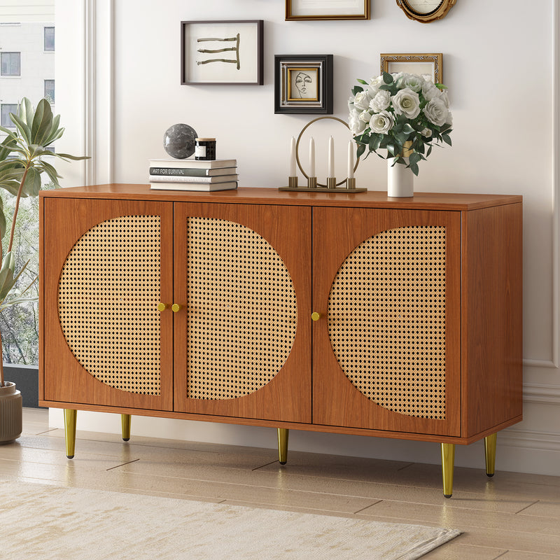 Buffet Élégant Noyer avec 3 Portes en Rotin Tressé et Pieds Métalliques OMOILL