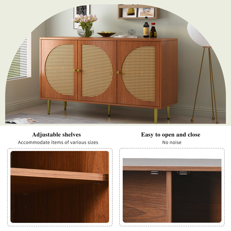Buffet Élégant Noyer avec 3 Portes en Rotin Tressé et Pieds Métalliques OMOILL