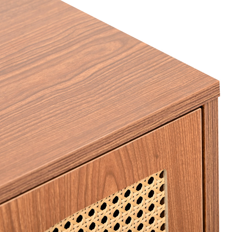 Buffet Élégant Noyer avec 3 Portes en Rotin Tressé et Pieds Métalliques OMOILL