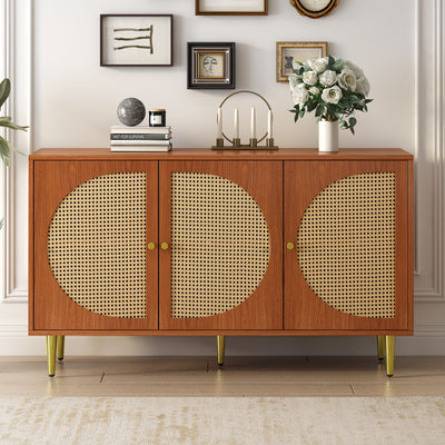 Buffet Élégant Noyer avec 3 Portes en Rotin Tressé et Pieds Métalliques OMOILL