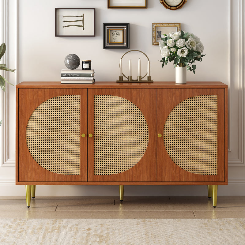 Buffet Élégant Noyer avec 3 Portes en Rotin Tressé et Pieds Métalliques OMOILL