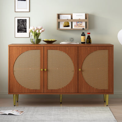 Buffet Élégant Noyer avec 3 Portes en Rotin Tressé et Pieds Métalliques OMOILL
