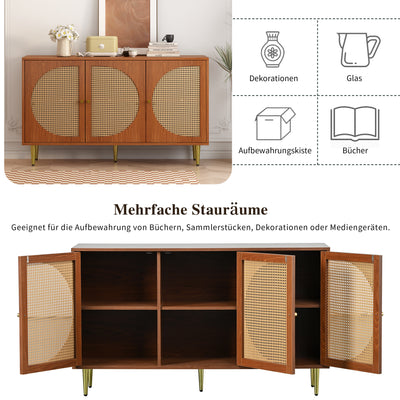 Buffet Élégant Noyer avec 3 Portes en Rotin Tressé et Pieds Métalliques OMOILL