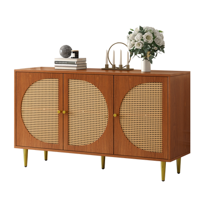 Buffet Élégant Noyer avec 3 Portes en Rotin Tressé et Pieds Métalliques OMOILL