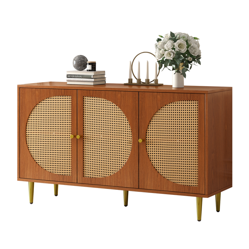 Buffet Élégant Noyer avec 3 Portes en Rotin Tressé et Pieds Métalliques OMOILL