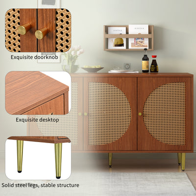 Buffet Élégant Noyer avec 3 Portes en Rotin Tressé et Pieds Métalliques OMOILL