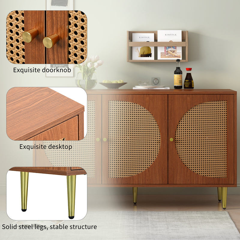 Buffet Élégant Noyer avec 3 Portes en Rotin Tressé et Pieds Métalliques OMOILL