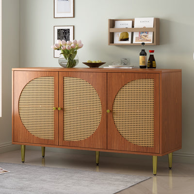 Buffet Élégant Noyer avec 3 Portes en Rotin Tressé et Pieds Métalliques OMOILL