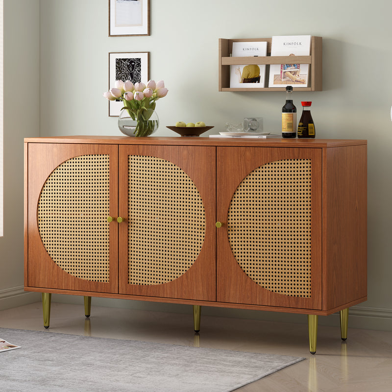 Buffet Élégant Noyer avec 3 Portes en Rotin Tressé et Pieds Métalliques OMOILL