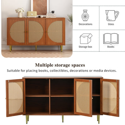 Buffet Élégant Noyer avec 3 Portes en Rotin Tressé et Pieds Métalliques OMOILL