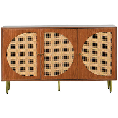 Buffet Élégant Noyer avec 3 Portes en Rotin Tressé et Pieds Métalliques OMOILL