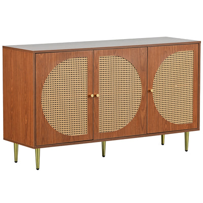 Buffet Élégant Noyer avec 3 Portes en Rotin Tressé et Pieds Métalliques OMOILL