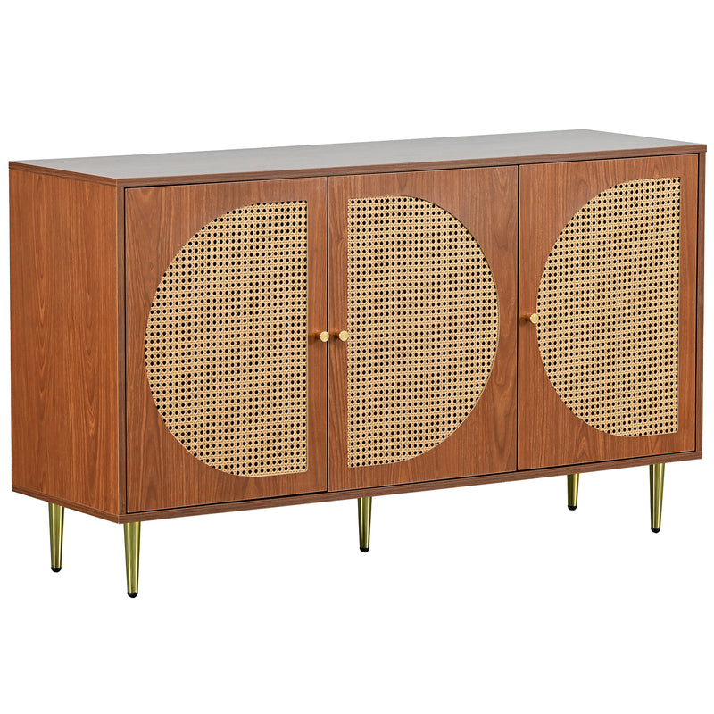Buffet Élégant Noyer avec 3 Portes en Rotin Tressé et Pieds Métalliques OMOILL