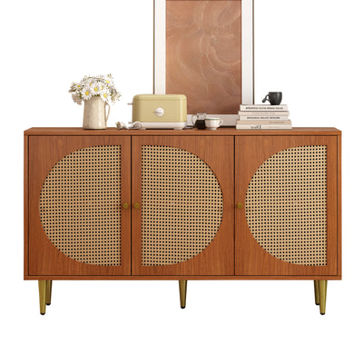 Buffet Élégant Noyer avec 3 Portes en Rotin Tressé et Pieds Métalliques OMOILL