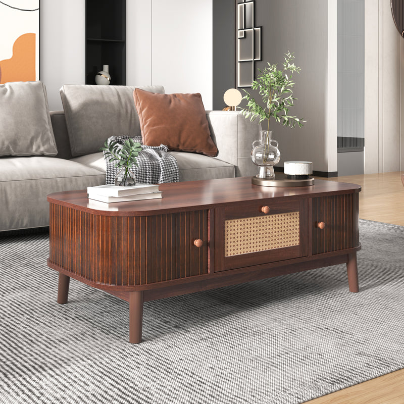 Table Basse Design en Noyer et Rotin Naturel avec Rangement Caché OSOR