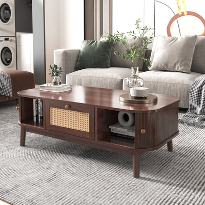 Table Basse Design en Noyer et Rotin Naturel avec Rangement Caché OSOR