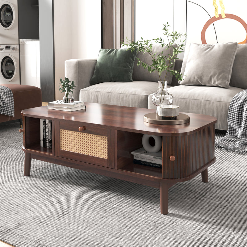 Table Basse Design en Noyer et Rotin Naturel avec Rangement Caché OSOR
