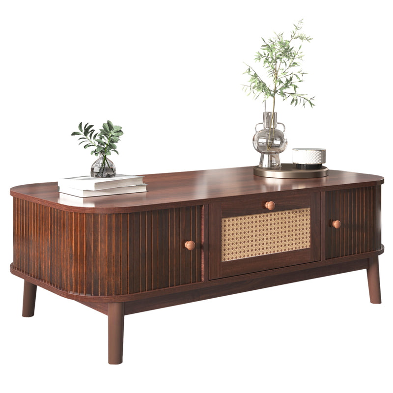 Table Basse Design en Noyer et Rotin Naturel avec Rangement Caché OSOR