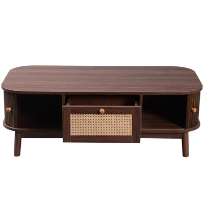 Table Basse Design en Noyer et Rotin Naturel avec Rangement Caché OSOR