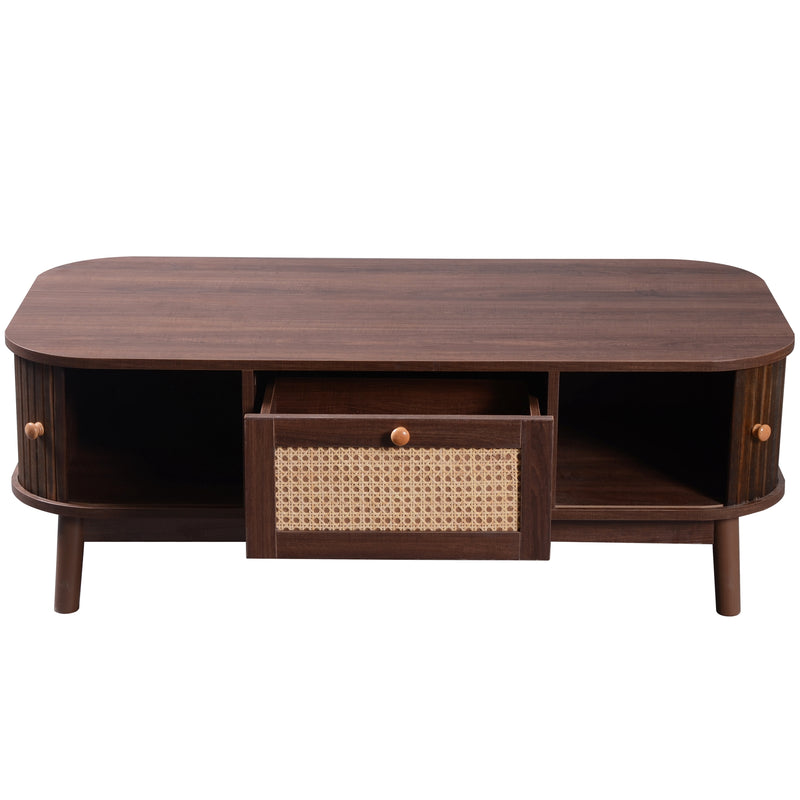 Table Basse Design en Noyer et Rotin Naturel avec Rangement Caché OSOR