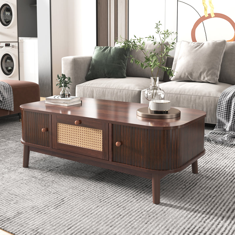 Table Basse Design en Noyer et Rotin Naturel avec Rangement Caché OSOR