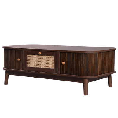 Table Basse Design en Noyer et Rotin Naturel avec Rangement Caché OSOR