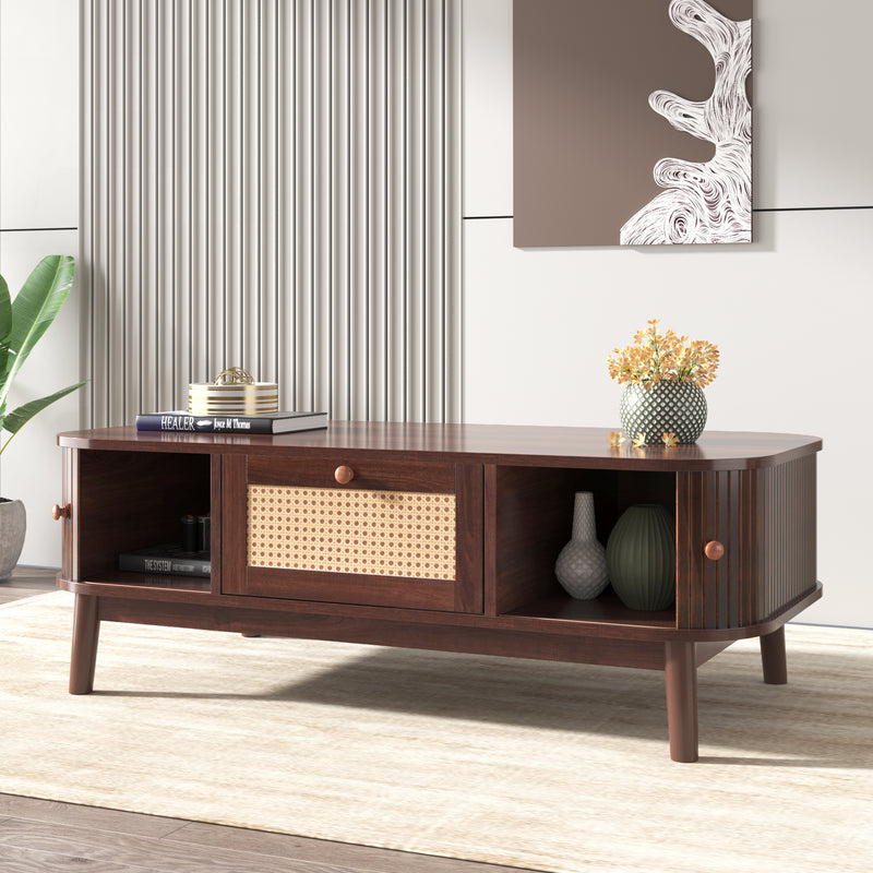 Table Basse Design en Noyer et Rotin Naturel avec Rangement Caché OSOR