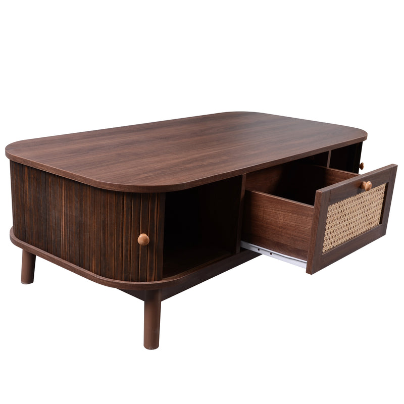 Table Basse Design en Noyer et Rotin Naturel avec Rangement Caché OSOR