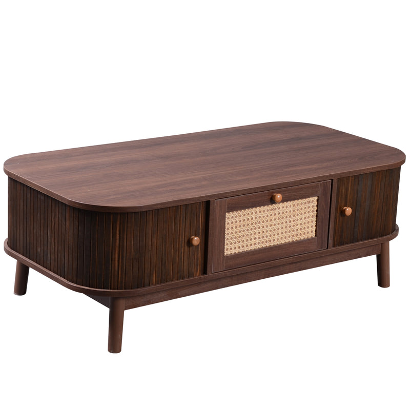 Table Basse Design en Noyer et Rotin Naturel avec Rangement Caché OSOR
