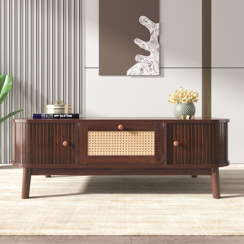 Table Basse Design en Noyer et Rotin Naturel avec Rangement Caché OSOR