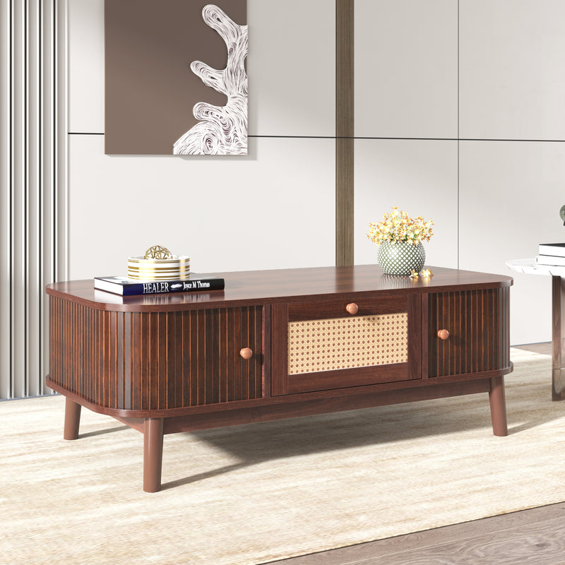 Table Basse Design en Noyer et Rotin Naturel avec Rangement Caché OSOR
