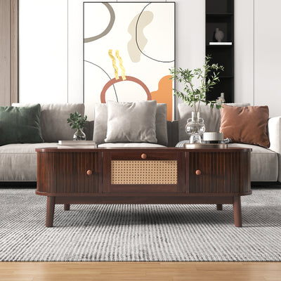 Table Basse Design en Noyer et Rotin Naturel avec Rangement Caché OSOR