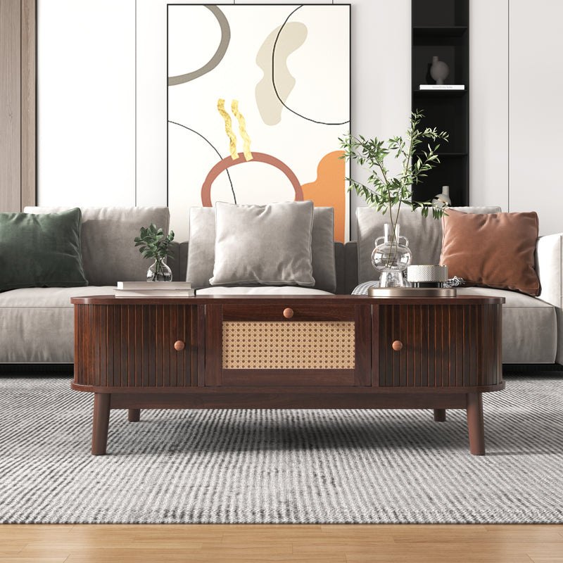 Table Basse Design en Noyer et Rotin Naturel avec Rangement Caché OSOR
