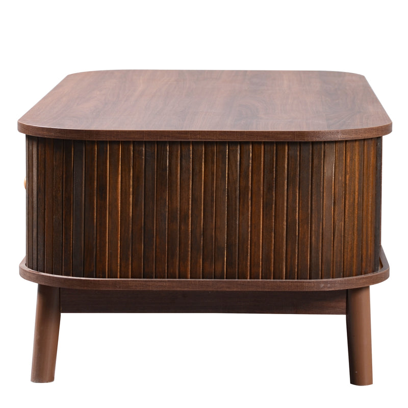 Table Basse Design en Noyer et Rotin Naturel avec Rangement Caché OSOR