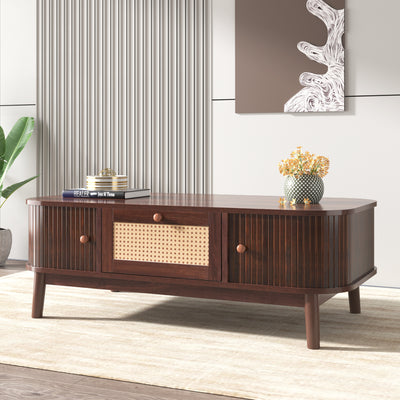 Table Basse Design en Noyer et Rotin Naturel avec Rangement Caché OSOR