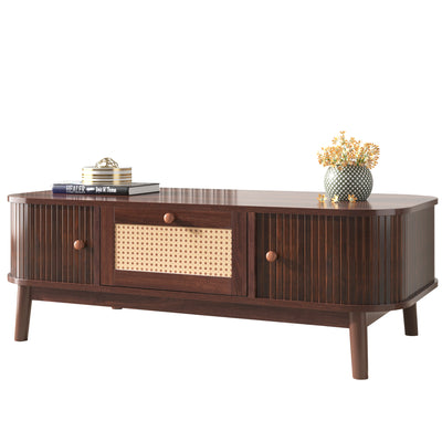 Table Basse Design en Noyer et Rotin Naturel avec Rangement Caché OSOR