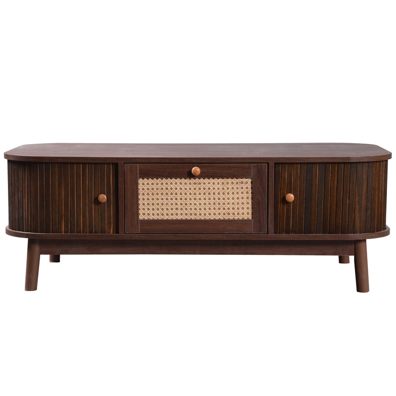 Table Basse Design en Noyer et Rotin Naturel avec Rangement Caché OSOR