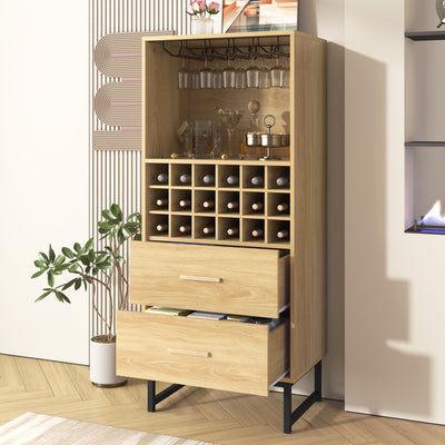 Meuble Bar à Vin Élégant en Bois avec 18 Casiers, Porte-Verres et Pieds Métalliques Noirs OVA