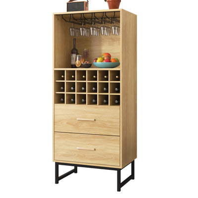 Meuble Bar à Vin Élégant en Bois avec 18 Casiers, Porte-Verres et Pieds Métalliques Noirs OVA