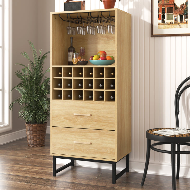 Meuble Bar à Vin Élégant en Bois avec 18 Casiers, Porte-Verres et Pieds Métalliques Noirs OVA